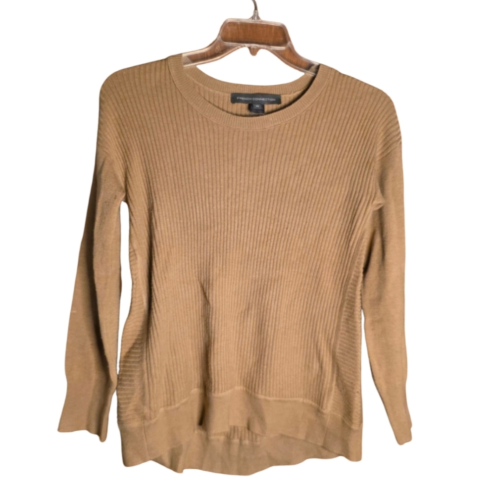 French Connection Camel Ribbed Crewneck Sweater • Size XS • Soft Knit Classic